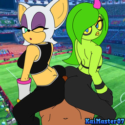 anthro ass_to_ass athletic_wear breasts butt clothed clothed/nude clothed_female clothing collaborative collaborative_hot_dogging collaborative_sex dark_body dark_skin duo_focus female first_person_view group group_sex hot_dogging human_on_anthro human_on_humanoid interspecies looking_at_viewer male male/female male_pov nude sex threesome trio thekaimaster07 sega sonic_the_hedgehog_(series) rouge_the_bat the_deadly_six zeena bat human humanoid mammal 1:1 hi_res
