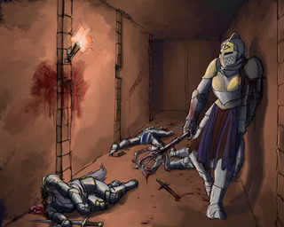 ambiguous_gender anthro armor blood blood_from_wound blood_stain bodily_fluids brain_matter corpse crushed_head death dungeon female gore group knight limp mace melee_weapon plate_armor sword torch warrior weapon wounded revertigo jaclyn_(revertigo) canid canine canis human humanoid mammal wolf 5:4 hi_res