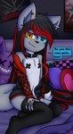 alternative_fashion anthro bed clothed clothing collar emo female flat_chested footwear furniture hair heterochromia legwear long_hair pasties plushie socks solo thigh_highs topless young dream_mirage kayla_kitsune canid canine canis fox hybrid mammal wolf absurd_res hi_res