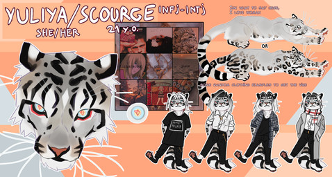 anthro black_bottomwear black_clothing black_pants black_topwear blue_eyes bottomwear clothed clothing female female_anthro feral front_view fur grey_body grey_clothing grey_fur grey_topwear hair mouth_closed narrowed_eyes orange_pupils pants pupils side_view simple_background solo spotted_legs text topwear unusual_pupils whiskers white_body white_clothing white_fur white_hair white_topwear yellow_eyes justkiddinb scourge_(blackscour) felid mammal english_text hi_res model_sheet