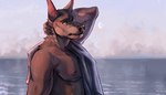 anthro anubian_jackal beach black_nose brown_body brown_fur canid canine canis clothing cloud digital_media_(artwork) fur hand_on_head hi_res jackal kombat300 looking_at_viewer male mammal moon nipples nude outside pink_body pink_skin sea sky solo water yellow_eyes