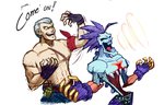 belly_mouth chest_scar clothed clothing duo fingerless_gloves gloves hair handwear kerchief male purple_hair red_kerchief scar smile topless white_hair michafrar capcom darkstalkers tekken bryan_fury lord_raptor human humanoid mammal undead zombie hi_res