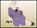 anthro areola armpit_hair big_areola black_border bodily_fluids body_hair border breasts brown_nipples eyeless female fur hand_on_breast hand_on_floor huge_areola lactating lying nipples on_side overweight overweight_anthro overweight_female pubes puffy_areola purple_body purple_skin sharp_teeth solo tan_body tan_fur teeth fourssss igraine chthon 4:3 hi_res