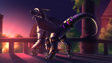 armor clothed clothing detailed_background female feral genitals looking_back palace raised_leg solo sunset tail vulva conditional_dnp shido-tara mythology dragon mythological_creature mythological_scalie scalie 16:9 widescreen