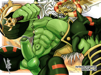armor balls barazoku bone bottomless bottomless_humanoid bottomless_male clothed clothing erection foreskin genitals green_body green_penis hair horn humanoid_genitalia humanoid_penis male muscular muscular_humanoid muscular_male navel nipples outie_navel pecs penis sharp_teeth skull solo teeth weapon white_hair shtarfish bandai_namco digimon digimon_(species) humanoid monster titamon 2024 hi_res