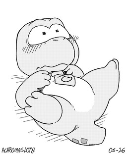 3_toes accessory ambiguous_gender anthro biped blush feet lying necktie slightly_chubby solo toes achromasloth gameoverse glitch_productions gobbles_(gameoverse) dinosaur prehistoric_species reptile scalie 2026 monochrome