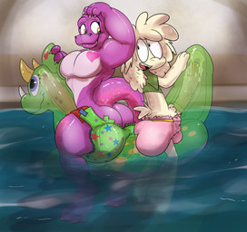 anthro bodily_fluids butt claws clothed clothing cum cum_inside diaper diaper_fetish duo erection genital_fluids genitals hand_on_head inflatable inflatable_ride inflatable_toy looking_at looking_at_another looking_back male muscular muscular_male open_mouth pattern_diaper penetration penis pool pool_float pool_toy presenting presenting_hindquarters reflection simple_background tail teeth water wearing_diaper mistermatrix ruggard zoran animate_inanimate bovid caprine dinosaur living_inflatable mammal prehistoric_species reptile scalie sheep theropod tyrannosaurid tyrannosauroid tyrannosaurus tyrannosaurus_rex hi_res
