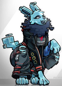 4_fingers 4_toes anthro blue_body blue_ears blue_fur blue_hair blue_inner_ear blue_mouth blue_sclera blue_tail blue_tongue claws clothing fangs feet female fingers fur hair looking_at_viewer mane open_mouth simple_background solo tail teeth toes tongue tuft white_background white_eyes stasis_(artist) nintendo pokemon shockwave_(liquafusion) eeveelution generation_1_pokemon jolteon pokemon_(species) 2026 hi_res watermark