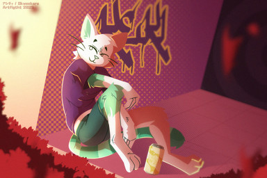 against_surface against_wall anthro beverage_can bottomwear clothing floor fur graffiti green_body green_bottomwear green_clothing green_eyes green_fur green_inner_ear green_nose green_shorts looking_away male markings midriff orange_body orange_fur outside purple_clothing purple_shirt purple_topwear shirt shorts smile solo striped_body striped_fur striped_markings striped_tail stripes tail tail_markings tile tile_floor topwear whiskers white_body white_fur skweekers keki_(kekidotmind) domestic_cat felid feline felis mammal 2025 3:2
