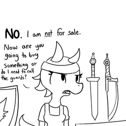 annoyed breasts dialogue eyelashes female horn melee_weapon non-mammal_breasts sharp_teeth shield solo sword teeth text weapon tjpones kobold scalie 1:1 black_and_white digital_drawing_(artwork) digital_media_(artwork) english_text handwritten_text hi_res line_art monochrome