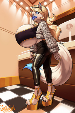 4_toes 5_fingers anthro big_breasts bottomwear bra breasts clothed clothing covered_nipples feet female fingernails fingers footwear gold_fingernails gold_nails hair high_heels huge_breasts long_hair looking_at_viewer nails pants shirt shoes solo tail toes topwear underwear walking mightycock equid equine mammal 2026 2:3 absurd_res hi_res