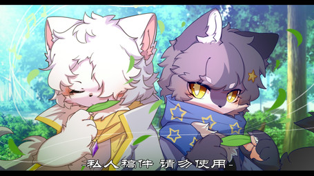 anthro big_eyes black_bars blue_scarf duo eyes_closed fur grey_body grey_fur kemono leaf looking_at_viewer male scarf slim_anthro slim_male white_body white_fur yellow_eyes hlg7777 canid canine domestic_cat felid feline felis fox mammal 16:9 2021 hi_res letterbox widescreen