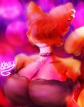 :3 abstract_background anthro big_breasts black_clothing black_dress breasts chest_tuft cleavage closed_smile clothed clothing collar countershade_face countershade_fur countershade_torso countershading dress ear_piercing ear_ring female fur hair hair_over_eyes mouth_closed multicolored_body multicolored_fur orange_body orange_fur orange_hair piercing pink_nose raised_tail ring_piercing smile snaggle_tooth solo tail tuft two_tone_body two_tone_fur white_body white_countershading white_fur karusnep paprika_(justbirb) domestic_cat felid feline felis mammal 2023 absurd_res digital_media_(artwork) half-length_portrait hi_res portrait shaded signature soft_shading