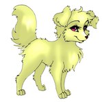 ambiguous_gender butt_tuft chest_tuft eyelashes feral floppy_ears fur head_tuft looking_at_viewer monotone_body monotone_fur narrowed_eyes pink_eyes side_view simple_background smile solo tuft white_background milk-jug canid canine canis domestic_dog mammal female_(lore)