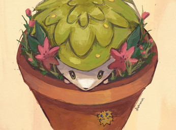 ambiguous_gender blue_eyes duo feral flower flower_(anatomy) grass green_eyes plant plant_pot white_body yellow_body dietranch nintendo pokemon arachnid arthropod generation_4_pokemon generation_5_pokemon joltik land_forme_shaymin legendary_pokemon pokemon_(species) shaymin 2026 signature