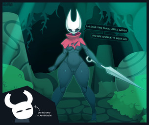 angry anthro areola big_areola big_nipples breasts butt butt_from_the_front clothing dialogue exclamation_point female genitals innie_vulva mouthless nipples non-mammal_breasts non-mammal_nipples solo_focus text thick_thighs torn_clothing vulva wardrobe_malfunction weapon conditional_dnp welwraith hollow_knight_(franchise) team_cherry hornet_(hollow_knight) the_knight_(hollow_knight) arthropod vessel_(species) 2021 absurd_res digital_media_(artwork) english_text hi_res
