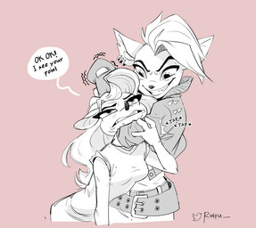 anthro belt clothing dialogue dress duo ear_piercing ear_ring female fingerless_gloves floppy_ears gloves grabbing_another grin hair handwear head_tuft hug hugging_another jacket long_hair looking_at_another looking_up motion_lines notched_ear onomatopoeia piercing pointy_ears ring_piercing round_ears rubbing_head short_hair simple_background smile sound_effects speech_bubble taunting text topwear tuft wide_mouth ruffu activision crash_bandicoot_(series) pirate_tawna tawna_bandicoot bandicoot mammal marsupial digital_drawing_(artwork) digital_media_(artwork) sketch