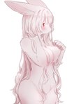 3_fingers albino anthro biped blush breasts covering covering_breasts eyelashes female fingers fur hair hand_on_breast long_hair looking_away red_eyes scut_tail short_tail simple_background solo standing tail touching_hair white_body white_fur white_hair 115meg rei_(115meg) lagomorph leporid mammal rabbit absurd_res hi_res portrait three-quarter_portrait