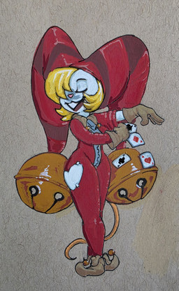 albino anthro bell blonde_hair card clothing female fool's_hat fur hair hat headgear headwear jester playing_card solo text white_body white_fur drinkspaintwater belle_(drinkspaintwater) mammal mouse murid murine rodent absurd_res english_text hi_res