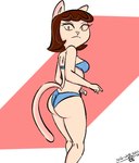 anthro big_butt bikini breasts brown_hair butt butt_pose clothed clothing eyebrows eyelashes female hair looking_at_viewer looking_back male medium_breasts pose simple_background solo standing swimwear tail two-piece_swimsuit gold-white-kott a_kitty_bobo_show cartoon_network maggie_(kitty_bobo) domestic_cat felid feline felis mammal colored