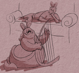 3_toes 4_fingers anthro arm_support arms_bent black_facial_hair black_mustache bottomwear brown_bottomwear brown_clothing brown_hair brown_pants brown_shirt brown_sofa brown_tail brown_toga brown_topwear buckteeth closed_smile clothed clothed_anthro clothed_male clothing eyes_closed facial_hair feet fingers fully_clothed fully_clothed_anthro fully_clothed_male furniture hair harp leaning_on_elbow legless long_ears lying lying_on_sofa male male_anthro medium_hair mouth_closed musical_instrument mustache noseless on_side on_sofa overweight overweight_anthro overweight_male pants playing_harp plucked_string_instrument shirt smile sofa solo string_instrument tail teeth toes toga topwear randomrabbidramblings mario_bros mario_plus_rabbids_kingdom_battle mario_plus_rabbids_sparks_of_hope nintendo raving_rabbids rayman_(series) ubisoft phantom_of_the_bwahpera t.s._woodrow ghost hybrid lagomorph mammal rabbid spirit 2023 brown_theme crossover digital_drawing_(artwork) digital_media_(artwork) english_description shaded