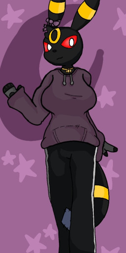 anthro anthrofied black_body bottomwear breasts clothed clothing collar female fingerless_gloves footwear gloves handwear jacket pants pokemorph pupils purple_background red_eyes simple_background socks solo topwear white_pupils ik0399231269910 nintendo pokemon eeveelution generation_2_pokemon pokemon_(species) umbreon hi_res