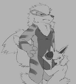 4_fingers animal_genitalia animal_penis anthro balls biceps canine_genitalia canine_penis claws duo featureless_chest finger_claws fingers fluffy fluffy_tail fur genitals hand_on_hip hand_on_own_hip hug leg_hug licking licking_lips licking_own_lips male male/male male_anthro mane mouth_closed nude nude_anthro nude_male pecs penis penis_tip pokemorph pupils sheath snout standing tail tongue tongue_out miau nintendo pokemon arcanine canid canine eeveelution generation_1_pokemon jolteon mammal pokemon_(species) 2026 greyscale hi_res monochrome
