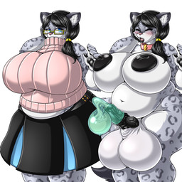 5_fingers anthro balls belly big_balls big_belly big_breasts black_bottomwear black_clothing black_hair black_nipples black_pawpads black_penis black_skirt blue_eyes blush bodily_fluids bottomwear breasts catch_condom clothed clothing collar condom cum cumshot ejaculation erection exposure_variation eyes_closed eyewear filled_condom fingers fur genital_fluids genitals glasses green_condom grey_body grey_fur gynomorph hair huge_balls huge_breasts intersex inverted_nipples knot lips looking_at_viewer markings mature_anthro mature_gynomorph mature_intersex nipples open_mouth overweight overweight_anthro overweight_gynomorph overweight_intersex pawpads penis pink_clothing pink_collar pink_nose pink_sweater pink_topwear puffy_nipples rectangular_glasses sexual_barrier_device simple_background skirt solo spots spotted_body spotted_fur standing sweater thick_bottom_lip thick_thighs topwear turtleneck wearing_condom wearing_glasses white_background adjatha trials_in_tainted_space emese_(tits) felid mammal milodan pantherine snow_leopard 1:1 2023 hi_res