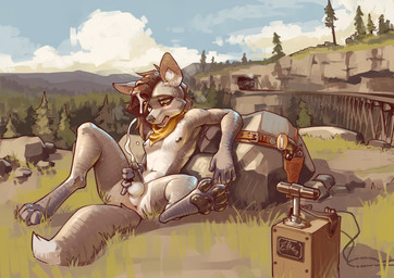 anthro belt bodily_fluids cum cum_in_hair cumshot detonator ejaculation genital_fluids gun hair handgun holstered_gun holstered_revolver kerchief male outside paws ranged_weapon revolver solo train trestle_bridge vehicle visible_anus weapon elie-s_den elie_fox canid canine fox mammal absurd_res hi_res