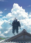 anthro biped cloud detailed_background humanoid_hands jinbei_(clothing) kemono male on_roof outside overweight overweight_male solo white_body 7gaku_7 canid canine mammal 2022 absurd_res hi_res