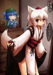 accessory armwear asian_clothing blue_hair bridal_gauntlets clothing detached_sleeves dresser east_asian_clothing female furniture hair hair_accessory hair_bobbles hat headgear headwear japanese_clothing looking_at_viewer pigtails red_eyes short_hair solo tokin_hat white_hair wolf_tail negija touhou momiji_inubashiri animal_humanoid canid canid_humanoid canine canine_humanoid canis humanoid mammal mammal_humanoid wolf wolf_humanoid absurd_res hi_res