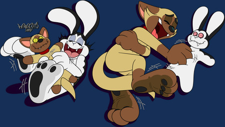 3_toes anthro black_body black_fur black_nose black_pawpads brown_body brown_fur cheek_tuft duo eyes_closed facial_tuft fangs feet fur fur_tuft laugh lying male motion_lines multicolored_body multicolored_fur on_back on_side open_mouth open_smile pawpads paws pink_inner_ear smile tail tan_body tan_fur teeth tickle_fetish tickling tickling_belly toes tongue tuft voodoo voodoo_doll white_body white_fur marquis2007 bunnicula_(series) bunnicula chester_(bunnicula) domestic_cat felid feline felis lagomorph leporid mammal rabbit vampire alpha_channel digital_media_(artwork) hi_res