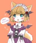 alternative_fashion anthro blonde_hair blue_eyes blush clothed clothing dress female goth gothic_lolita hair holidays j-fashion kemono lolita_(fashion) maid_uniform open_mouth orange_background simple_background solo text uniform minek015 halloween domestic_cat felid feline felis mammal 2018 english_text