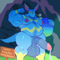 anthro areola balls biceps big_balls big_penis blue_body body_hair breath calf_muscles easter_egg erection flexing flexing_bicep genitals glans glowing glowing_eyes half-erect holidays huge_balls male musclegut muscular muscular_male nipples nude nude_male obese obese_anthro overweight overweight_anthro pecs penis pink_areola pink_nipples red_eyes saggy_balls scrotum_flap sign solo yellow_body tiburalgo breeding_season easter easter_bunny hybrid kangaroo lagomorph leporid macropod mammal marsupial rabbit hi_res