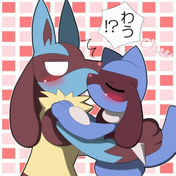 ambiguous_gender anthro blue_body blue_fur blush duo empty_eyes exclamation_point eyes_closed fur glistening hug kissing pattern_background question_mark raised_arm shocked simple_background size_difference standing surprise_kiss tail text white_eyes young young_anthro luca_(nyucs) nintendo pokemon canid canine generation_4_pokemon lucario mammal pokemon_(species) riolu 1:1 2012 english_text japanese_text low_res