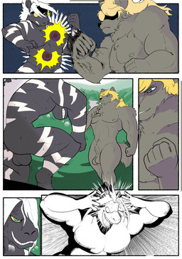 animal_genitalia anthro approaching backsack balls biceps big_balls black_body blonde_hair bodily_fluids clenched_teeth duo fight fist genitals green_eyes grey_body hair kneeling long_hair magic magic_user male male/male muscular muscular_anthro muscular_male neck_tuft nipples pecs punch sheath smile smirk solar_flare sweat sweatdrop tail teeth tuft vein white_hair yellow_eyes pokonuki nintendo pokemon nittoh springfield canid canine canis generation_5_pokemon mammal pokemon_(species) wolf zebstrika 2024 comic hi_res