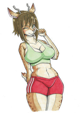 anthro bottomwear breasts brown_hair clothing female green_eyes hair inner_ear_fluff one_eye_closed shirt shorts solo tank_top topwear tuft wink oluttzada deer mammal hi_res
