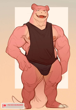 anthro anthrofied calf_muscles clothing looking_at_viewer male muscular muscular_anthro muscular_male nipples pink_body pokemorph shirt solo tail tank_top topwear underwear ekzonzz nintendo pokemon generation_1_pokemon pokemon_(species) slowpoke hi_res