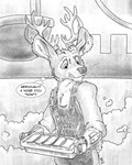 anthro antlers apron clothed clothing detailed_background fur horn male prosthetic prosthetic_arm prosthetic_limb smelter smelting solo text flinters deer mammal 2021 4:5 english_text hi_res monochrome