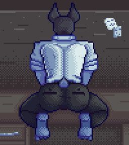 anthro back_muscles barazoku big_butt black_body black_fur blue_body blue_fur bottomwear bubble_butt bulge butt clothing collared_shirt desk dress_shirt feet formal_wear fur furniture kneeling male muscular office office_desk on_desk pants public rear_view rolled_up_sleeves shirt solo suit table tight_bottomwear tight_clothing topwear akadthefox sed_(akadthefox) canid canine canis dobermann domestic_dog mammal pinscher digital_media_(artwork) pixel_(artwork)