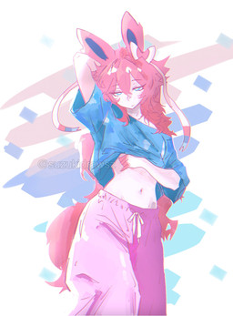 belly blue_eyes clothed clothing clothing_lift female hair looking_at_viewer midriff navel oversized_clothing pink_ears pink_hair pupils shirt shirt_lift solo topwear unimpressed white_body white_pupils suzukidrawsz nintendo pokemon eeveelution felid generation_6_pokemon humanoid mammal pokemon_(species) sylveon hi_res