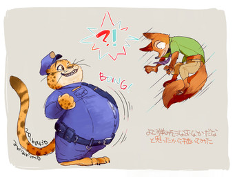 anthro border bottomwear brown_body brown_fur clothed clothing duo fully_clothed fur grey_background hat headgear headwear interrobang midair necktie overweight pants shirt simple_background text topwear white_border amarimo disney zootopia benjamin_clawhauser nick_wilde canid canine cheetah felid feline fox mammal red_fox true_fox 2016 japanese_text