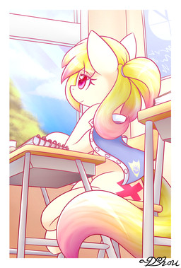 border bright_colors cape chair classroom clothing cutie_mark day desk detailed_background eyelashes female feral furniture hair heart_symbol hooves inside looking_outside looking_through looking_through_window notebook pink_eyes school sitting smile solo table white_border dshou hasbro my_little_pony fan_character earth_pony equid equine horse mammal pony 2016 hi_res