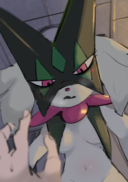 angry anthro blush breasts duo eyelashes fangs female green_body interspecies looking_at_viewer low-angle_view medium_breasts navel pokemorph pokephilia pov_hands pseudo_clothing teeth worm's-eye_view kusochibikemona nintendo pokemon generation_9_pokemon meowscarada pokemon_(species) 2025 absurd_res hi_res