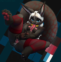 animal_genitalia anthro anus balls barbed_tongue big_balls black_body black_fur bodily_fluids breasts butt claws clothing collar feet fur genital_fluids genitals hair herm holding_balls holding_sheath inner_ear_fluff intersex legwear long_tongue markings monotone_hair multicolored_body multicolored_fur nipples nude pawpads paws penis precum presenting presenting_vulva red_clothing red_legwear red_stockings sheath simple_background smile solo spots spotted_body spotted_fur spotted_markings spotted_tail stockings tail tail_markings text tongue tongue_out tuft vulva ferrn toshi_(ferrn) felid feline mammal pantherine absurd_res digital_media_(artwork) hi_res huge_filesize