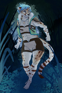 abs backlighting dramatic_lighting female light midriff muscular muscular_female solo backalleyarts qapricore capcom monster_hunter cheetah felid feline mammal 2:3 absurd_res hi_res lighting