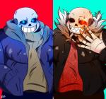 alternate_universe bodily_fluids bone clothed clothing duo hoodie male not_furry simple_background skeleton sweat topwear ahen3251 underfell undertale undertale_(series) sans_(underfell) sans_(undertale) animated_skeleton undead hi_res