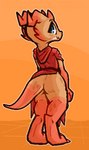 anthro blue_eyes bottomless butt clothed clothing eyelashes freckles horn looking_back male orange_body rear_view robe simple_background solo standing trufzn perec kobold lizard reptile scalie hi_res