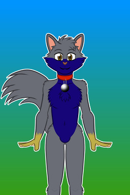 anthro blue_body blue_fur brown_eyes chest_tuft collar collar_only fluffy fluffy_tail fur grey_body grey_fur looking_at_viewer male navel nude pawpads red_collar smile solo tail tuft yellow_body yellow_fur scoutthecat02 scout_the_cat_(character) domestic_cat felid feline felis mammal 2:3 hi_res portrait