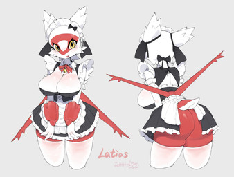 anthro anthrofied bell big_breasts biped black_clothing breasts butt cleavage clothed clothed_anthro clothed_female clothing eyelashes facial_tuft female female_anthro fingers glistening glistening_eyes grey_background legwear looking_at_viewer maid_headdress maid_uniform multicolored_body multicolored_clothing multiple_angles open_mouth open_smile pokemorph pupils red_body red_wings short_tail simple_background skin_fang smile smiling_at_viewer solo standing tail text thick_thighs thigh_highs tuft two_tone_body two_tone_clothing uniform white_body white_clothing white_legwear white_sclera white_thigh_highs wings yellow_eyes fuli_jeffery nintendo pokemon generation_3_pokemon latias legendary_pokemon pokemon_(species) 2026 absurd_res artist_name digital_drawing_(artwork) digital_media_(artwork) hi_res portrait three-quarter_portrait